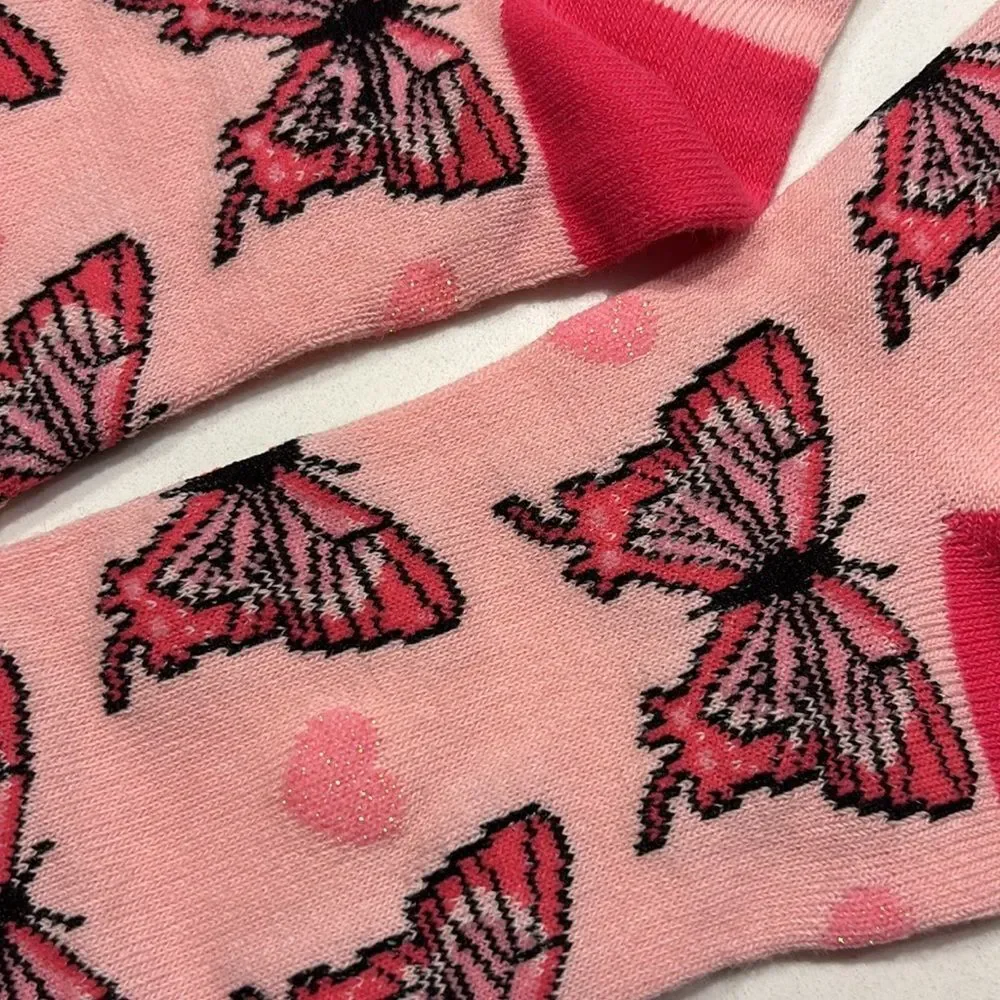 NWOT Pair of Fashion Socks Pink Butterfly Blue Camper Socks